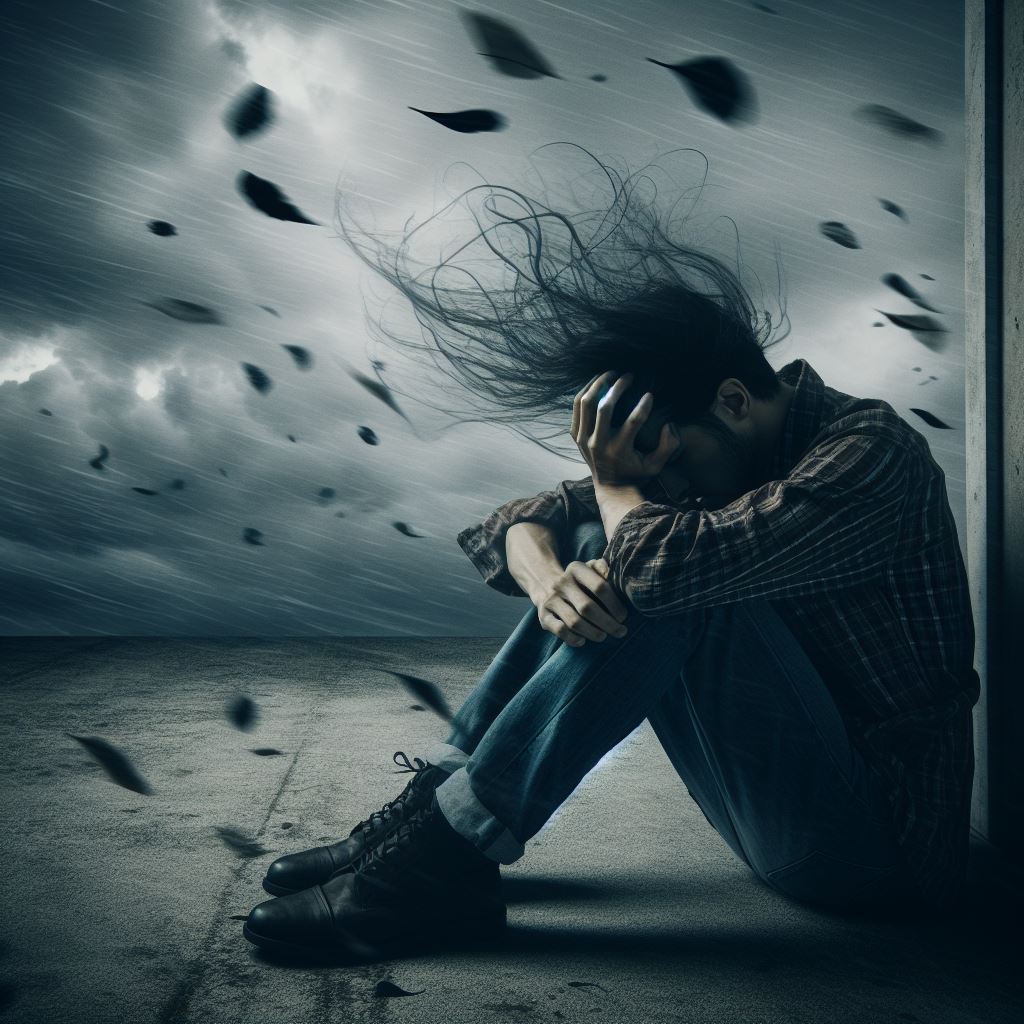 Na tym obrazie widzimy osobę siedzącą na ziemi, trzymającą głowę w dłoniach. Wokół niej panuje burzowa atmosfera z ciemnymi chmurami i unoszącymi się odłamkami. Osoba ma na sobie koszulę w kratę, jeansy i buty. Jej włosy są dziko rozwiane przez wiatr. Ogólny nastrój obrazu jest mroczny i burzliwy.