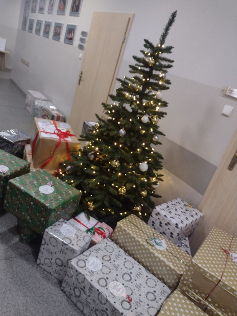 Na zdjęciu znajduje się choinka ozdobiona światełkami i bombkami, stojąca w korytarzu. Pod choinką znajduje się wiele zapakowanych prezentów w różnokolorowych papierach ozdobnych. W tle widać ścianę z kilkoma obrazami oraz drzwi.

