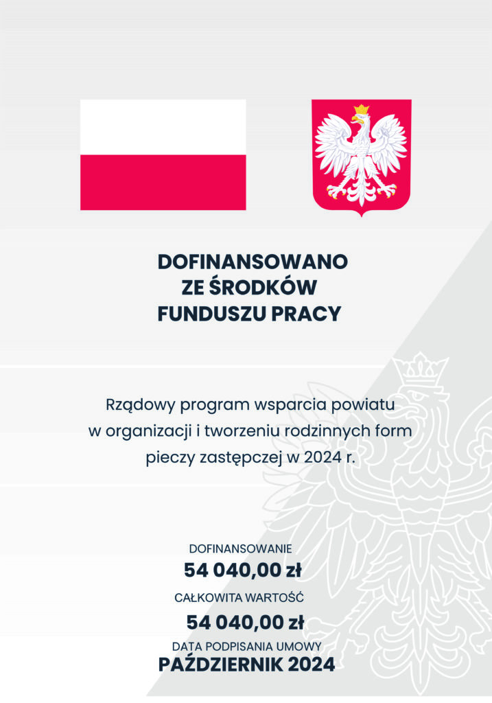 DOFINANSOWANO ZE ŚRODKÓW FUNDUSZU PRACY

RZĄDOWY PROGRAM WSPARCIA POWIATU W ORGANIZACJI I TWORZENIU RODZINNYCH FORM PIECZY ZASTĘPCZEJ W 2024 R.

DOFINANSOWANIE: 54 040,00 zł

CAŁKOWITA WARTOŚĆ: 54 040,00 zł

DATA PODPISANIA UMOWY: październik 2024 rok

 

Celem programu jest wsparcie powiatów w realizacji zadań własnych z zakresu wspierania rodziny i systemu pieczy zastępczej w formie dofinansowania wynagrodzeń wraz z pochodnymi od wynagrodzeń przysługującym za 2024 rok rodzinom zastępczym zawodowym, prowadzącym rodzinne domy dziecka oraz rodzinom zastępczym zawodowym pełniącym funkcję pogotowia rodzinnego od 1 stycznia 2024 r. do 31 grudnia 2024 r., za każdy miesiąc, w którym osoba pełniła funkcję przez minimum 15 dni kalendarzowych.

 

Powiat Krotoszyński pozyskał w 2024 roku środki finansowe z Funduszu Pracy na ww. cel w łącznej kwocie 54 040,00 zł (aneks nr 1 do umowy, zwiększający kwotę środków na 54 040,00 zł, podpisano 17.12.2024 r.).